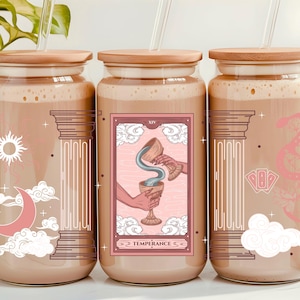 Vaso de cristal con la carta del tarot La Templanza, vaso de cristal para tarot, vaso de cristal místico, vaso de 16 oz con tapa de bambú, vaso de café con tarot, regalo de tarot para ella