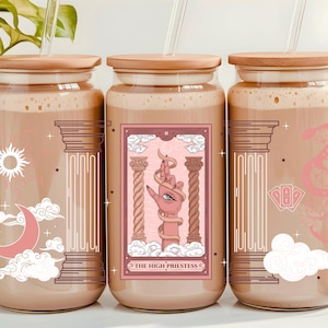 Vaso de cristal con la carta del tarot de la Suma Sacerdotisa, vaso de cristal con lata para el tarot, vaso de cristal místico, vaso de 16 oz con tapa de bambú, vaso de café, regalo de tarot para ella
