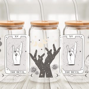 Lata de cristal con los Arcanos Mayores del Tarot del Diablo - Taza con pajita y collage de cartas del Tarot - Taza de café helado de adivinación - Regalo gótico de bruja