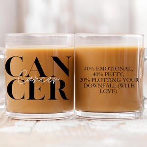Taza del zodiaco Cáncer, divertida taza de cristal del zodiaco, regalo astrológico para mujeres Cáncer, taza de cristal para café y té