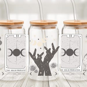 Lata de cristal con los Arcanos Mayores del Tarot de la Suma Sacerdotisa - Taza con pajita para café helado con collage de cartas del Tarot - Regalo gótico de bruja