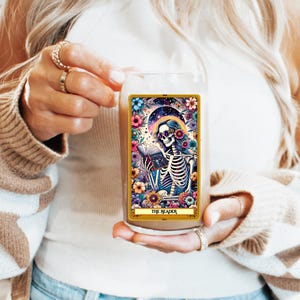 Funny Tarot Card Glass with Straw- Halloween Iced Coffee Cup, Colorful Aesthetic, Humor Drinkware, Glass Tumbler, Reader Tarot