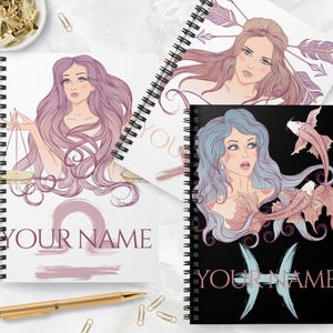 Zodiac Journal, Personalized Ruled Line Notebook, Astrology Stationery, Custom Gift for Her, Spiral Zodiac Notebook