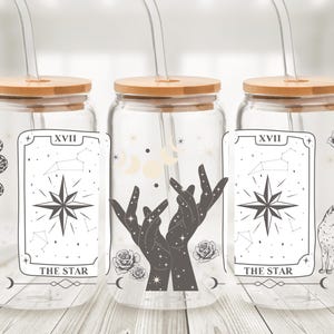 Lata de cristal con los Arcanos Mayores del Tarot de la Estrella - Taza con pajita y collage de cartas del Tarot - Taza de café helado de adivinación - Regalo gótico de bruja