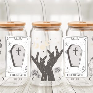 Lata de cristal con diseño de arcanos mayores del tarot - Vaso con pajita y collage de cartas del tarot - Taza de café helado de adivinación - Regalo gótico de bruja
