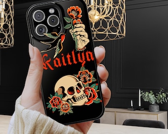 Custom Name Skull Phone Case, Retro Tattoo Style, Personalized Tough Cover, Black Background, Gift for Him or Her