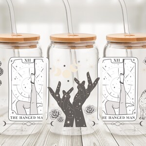 Lata de cristal con diseño de arcanos mayores del tarot - Vaso con pajita y collage de cartas del tarot - Taza de café helado de adivinación - Regalo gótico de bruja