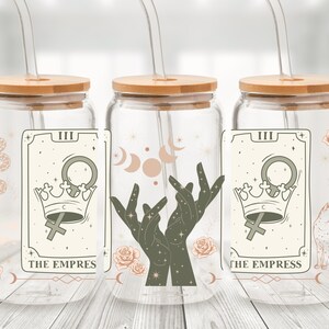 Lata de cristal de los Arcanos Mayores del Tarot de la Emperatriz - Taza con pajita y collage de cartas del Tarot - Taza de café helado con adivinación en tonos tierra - Regalo de bruja