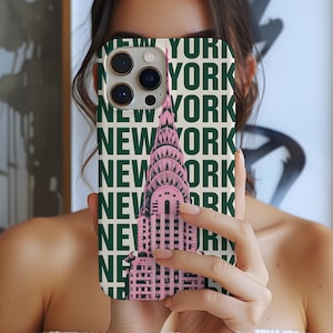 New York City Phone Case, NYC Graphic, Urban Travel Gift, Pink Art Deco iPhone Case
