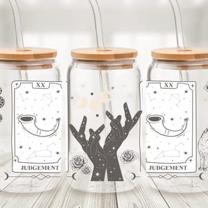 Lata de cristal con arcanos mayores del Tarot del Juicio, taza para beber con pajita y carta del Tarot, taza para café helado celestial