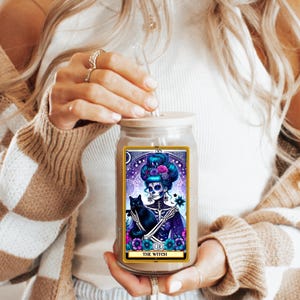 Copo com estampa de cartas de tarô da bruxa - xícara de café gelado fofa com canudo, copo colorido e estético, copo com bebida humorística, a bruxa