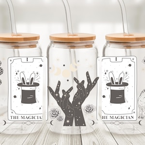 Lata de cristal con los Arcanos Mayores del Tarot del Mago - Vaso con pajita y collage de cartas del Tarot - Taza de café helado de adivinación - Regalo gótico de bruja