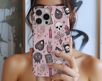 Witchy Phone Case for iPhone & Android, Pink Goth Tarot Case, Skull Crystal Aesthetic, Spooky Cute Witch Gift, Magical Phone Cover