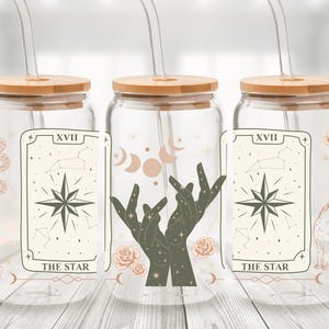 Lata de cristal de los Arcanos Mayores del Tarot de la Estrella - Taza con pajita y collage de cartas del Tarot - Taza de café helado con adivinación en tonos tierra - Regalo de bruja