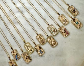 Rhinestone Zodiac Necklace, Astrology Pendant Gold-Plated Enamel and Rhinestone, Celestial Gift for Her