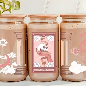 Vaso de cristal con la carta del Tarot de la Muerte, taza de café helado místico de 473 ml, vaso de cristal con tapa de bambú, regalo de bruja para ella, artículos espirituales