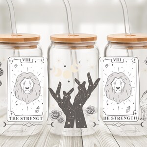 Lata de cristal con los Arcanos Mayores del Tarot de la Fuerza - Vaso con pajita y collage de cartas del Tarot - Taza de café helado para adivinación - Regalo gótico de bruja