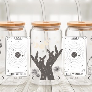 Lata de cristal con los Arcanos Mayores del Tarot Mundial - Vaso con pajita y collage de cartas del Tarot - Taza de café helado de adivinación - Regalo gótico de bruja