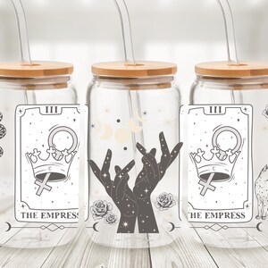 Lata de cristal de los Arcanos Mayores del Tarot de la Emperatriz - Taza con pajita y collage de cartas del Tarot - Taza de café helado de adivinación - Regalo gótico de bruja