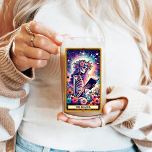 Funny Tarot Card Glass with Straw- Halloween Iced Coffee Cup, Colorful Aesthetic, Humor Drinkware, Glass Tumbler, The Reader Tarot
