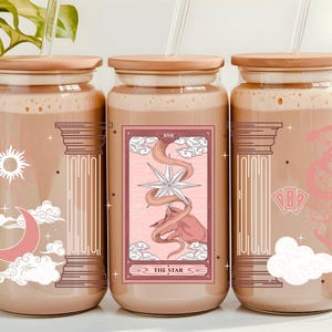 Vaso de cristal con la carta del Tarot de la Estrella, taza de café helado místico de 473 ml, vaso de cristal con tapa de bambú, regalo de bruja para ella, bebida espiritual