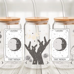 Lata de cristal con los Arcanos Mayores del Tarot de la Luna - Vaso con pajita y collage de cartas del Tarot - Taza de café helado de adivinación - Regalo gótico de bruja