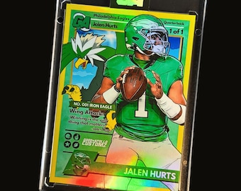 Tarjeta coleccionable de Jalen Hurts (1/1) - Firma del artista / Variante verde / Pokémon / Águilas de Filadelfia / Incluye base y certificado de autenticidad