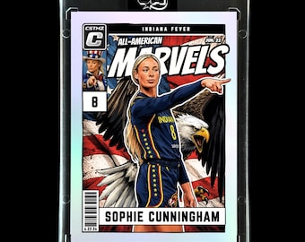 Pode incluir: Um cartão colecionável com uma ilustração de Sophie Cunningham no uniforme do Indiana Fever, apontando para a frente. O cartão inclui o texto All-American Marvels, uma águia-de-cabeça-branca, uma bandeira americana ao fundo e uma pequena imagem.