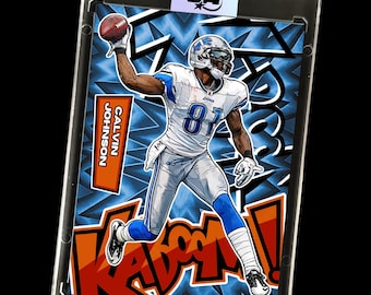 Tarjeta coleccionable personalizada de Calvin Johnson - Estilo KaBooM / Leones