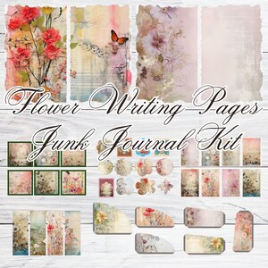 Puede incluir: Un kit de collage digital con diseños florales, mariposas y elementos de inspiración vintage. El kit incluye páginas de escritura, elementos de diario de chatarra y adornos decorativos. El texto "Flower Writing Pages Junk Journal Kit" se muestra en la parte superior de la imagen.