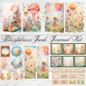 May include: A digital junk journal kit with watercolor illustrations of whimsical scenes featuring mushrooms, flowers, and a castle. The kit includes various sizes of images, including a large image of a castle with hot air balloons and a mushroom with a castle on top. The kit also includes several smaller images of flowers, mushrooms, and a girl in a pink dress.