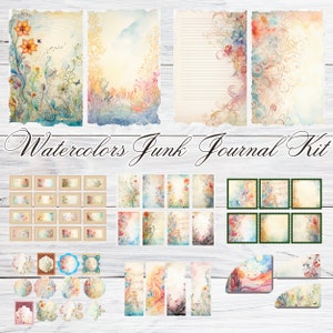May include: Watercolor junk journal kit with a variety of papers, tags, and embellishments. The kit features a floral theme with watercolor illustrations of flowers, leaves, and vines. The papers are in shades of blue, green, yellow, and pink.