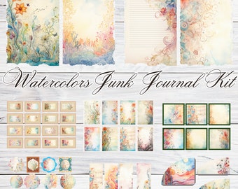 May include: Watercolor junk journal kit with a variety of papers, tags, and embellishments. The kit features a floral theme with watercolor illustrations of flowers, leaves, and vines. The papers are in shades of blue, green, yellow, and pink.