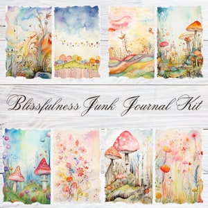 May include: A set of 8 digital printable images featuring whimsical watercolor illustrations of mushrooms, flowers, and landscapes. The images are perfect for adding a touch of whimsy to your journal, scrapbook, or other creative projects.