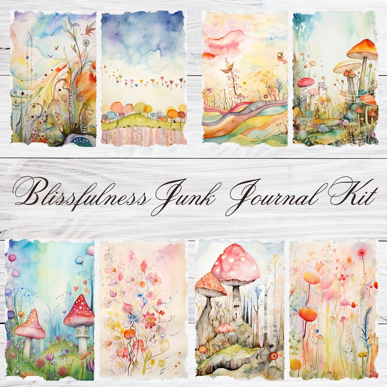 May include: A set of 8 digital printable images featuring whimsical watercolor illustrations of mushrooms, flowers, and landscapes. The images are perfect for adding a touch of whimsy to your journal, scrapbook, or other creative projects.