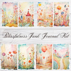 May include: A set of eight watercolor illustrations featuring whimsical scenes with castles, flowers, and hot air balloons. The illustrations are in a soft, pastel color palette and have a whimsical, fairytale-like feel. The text "Blissfulness Junk Journal Kit" is printed at the bottom of the image.