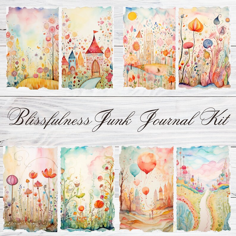 May include: A set of eight watercolor illustrations featuring whimsical scenes with castles, flowers, and hot air balloons. The illustrations are in a soft, pastel color palette and have a whimsical, fairytale-like feel. The text "Blissfulness Junk Journal Kit" is printed at the bottom of the image.