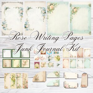 Könnte beinhalten: Ein digitaler druckbarer Junk-Journal-Kit mit Vintage-Rosenillustrationen. Das Kit enthält Schreibseiten, Etiketten und dekorative Elemente. Der Text "Rose Writing Pages Junk Journal Kit" wird in der Mitte des Bildes angezeigt.