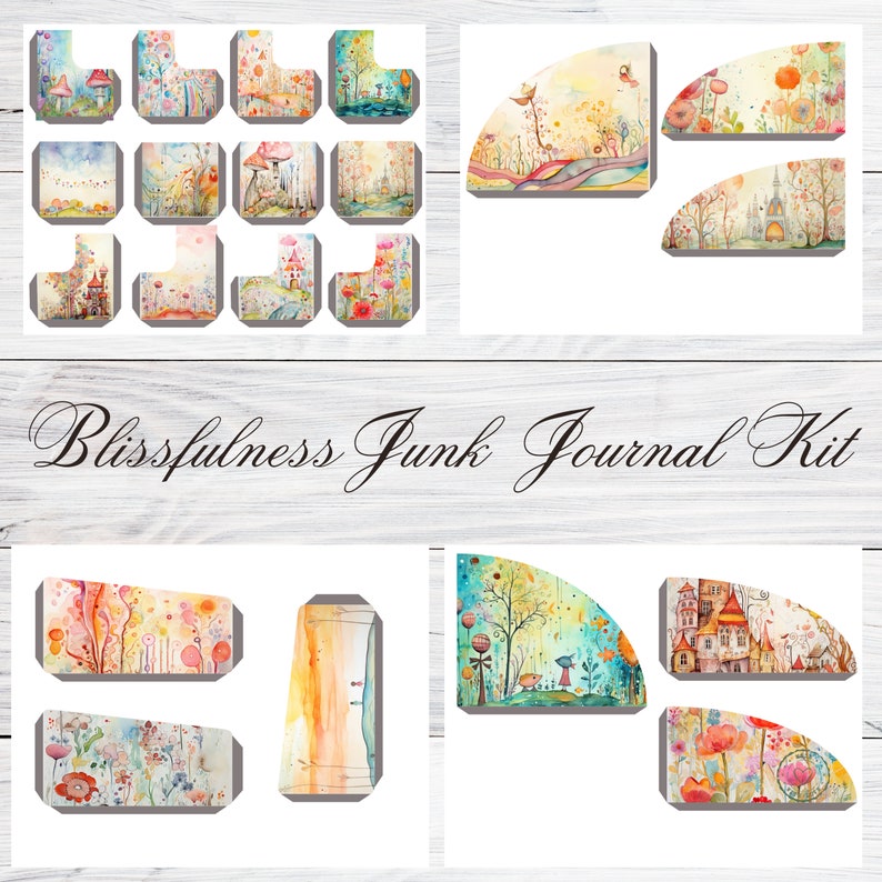May include: A digital junk journal kit with watercolor illustrations of whimsical scenes featuring castles, flowers, and birds. The kit includes various shapes and sizes of images, perfect for adding a touch of whimsy to your journal.