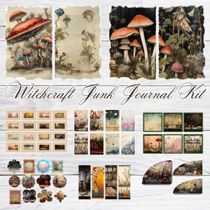 May include: A digital junk journal kit with a witchcraft theme. The kit includes images of mushrooms, flowers, and other nature-inspired elements. The kit also includes text pages, patterned papers, and other decorative elements. The kit is perfect for creating a unique and personalized journal.