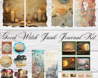 Puede incluir: Un kit de collage digital con el texto "Good Witch Junk Journal Kit" que incluye imágenes de velas, lunas, estrellas y escenas de la naturaleza en estilos de acuarela y arte digital.
