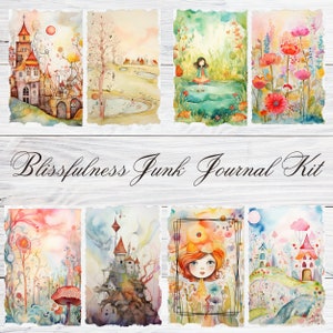 May include: A set of eight watercolor illustrations featuring whimsical scenes with castles, flowers, and a girl in a forest. The illustrations are printed on paper with a distressed, textured look. The text "Blissfulness Junk Journal Kit" is printed at the bottom of the image.