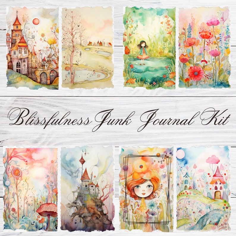 May include: A set of eight watercolor illustrations featuring whimsical scenes with castles, flowers, and a girl in a forest. The illustrations are printed on paper with a distressed, textured look. The text "Blissfulness Junk Journal Kit" is printed at the bottom of the image.