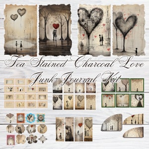 Tea Stained Charcoal Love Junk Journal Kit Antique Vintage Download Pages Journaling Book Pack Antique Books Prints Winter junk journal