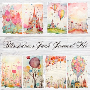 May include: A digital collage of watercolor illustrations featuring whimsical scenes with castles, hot air balloons, and colorful flowers. The title "Blissfulness Junk Journal Kit" is displayed at the bottom of the image.
