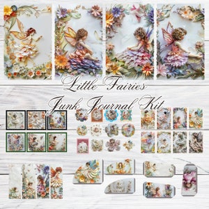 Könnte beinhalten: Ein digitales Junk Journal Kit mit Bildern von Feen mit floralen Flügeln und Kleidern. Das Kit enthält Bilder in verschiedenen Größen, darunter Vollbildbilder, kleinere Bilder und dekorative Elemente. Das Kit trägt den Titel "Little Fairies Junk Journal Kit".