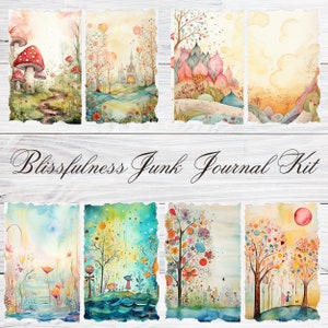 May include: A set of eight watercolor illustrations featuring whimsical trees, flowers, and landscapes. The illustrations are printed on paper with a distressed edge, giving them a vintage look. The set is titled "Blissfulness Junk Journal Kit".