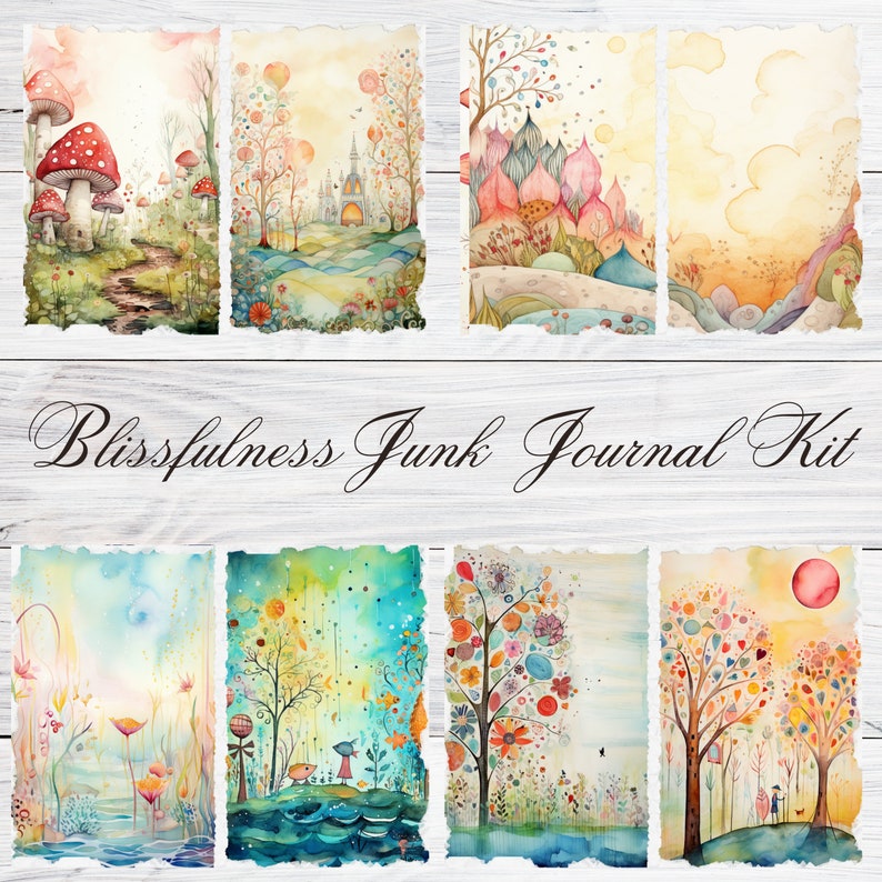 May include: A set of eight watercolor illustrations featuring whimsical trees, flowers, and landscapes. The illustrations are printed on paper with a distressed edge, giving them a vintage look. The set is titled "Blissfulness Junk Journal Kit".