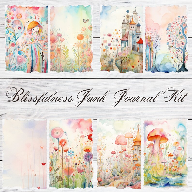 May include: A set of six watercolor illustrations featuring whimsical scenes with a fairytale theme. The illustrations include a girl in a colorful dress, a castle, mushrooms, and flowers. The illustrations are perfect for adding a touch of whimsy to your journal or scrapbook.