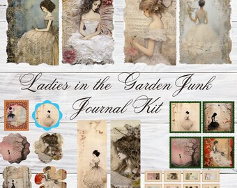May include: A digital collage kit featuring images of women in vintage-inspired dresses and floral settings. The kit includes various sizes and shapes of images, including a title card that reads "Ladies in the Garden Junk Journal Kit".